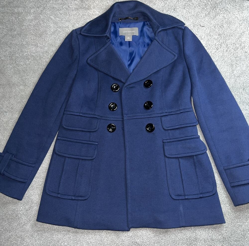 ANN TAYLOR Navy Blue Women's XS Jacket Coat Double Breasted Peacoat B240